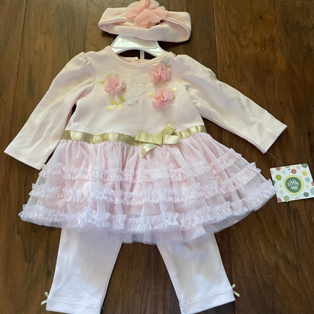 Little Me 9month Dress and Leggings Set with Matching Headband